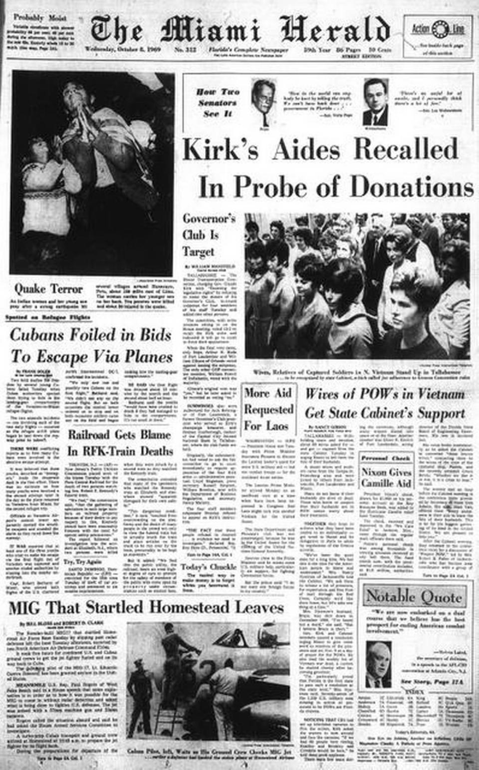 This Miami Herald front page features a story on the two Varadero-Miami flights of Oct. 7, 1969, when young men tried to escape Cuba by hopping onto the airplane’s landing gear as it taxied on the runway.