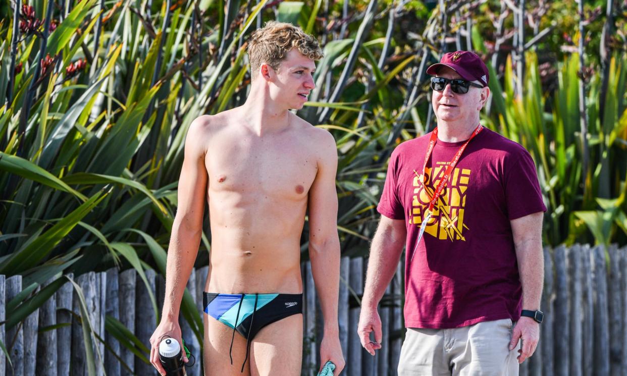 <span>Leon Marchand and his coach Bob Bowman in Rennes last year. An email sent by Marchand four years ago initiated their working relationship.</span><span>Photograph: Icon Sport/Getty Images</span>