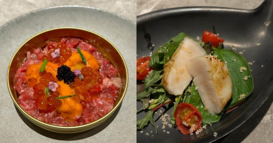 圖左：生牛肉‧海膽‧魚子醬‧鮭魚卵；圖右：北海道冰鮮干貝‧夏威夷豆‧芝麻葉。圖片來源：CaVa