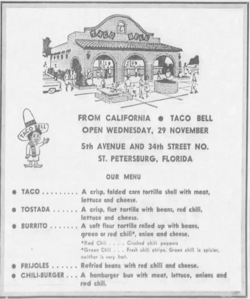 Vintage ad for Taco Bell's grand opening in Florida, detailing the menu with various taco and burrito options