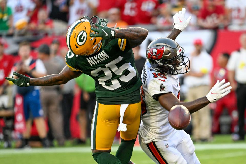 Green Bay Packers' Keisean Nixon breaks up a pass intended for Tampa Bay Buccaneers' Breshad Perriman in the Packers' 14-12 win on Sunday, Sept. 25, 2022, at Raymond James Stadium in Tampa, Florida. Nixon had a season-high seven tackles in the game.