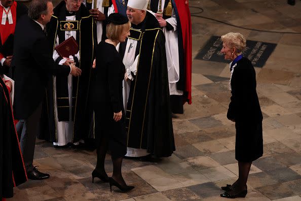 LONDON, ENGLAND - SEPTEMBER 19: UK prime minister Liz Truss arrives for the State Funeral of Queen Elizabeth II at Westminster Abbey on September 19, 2022 in London, England.  Elizabeth Alexandra Mary Windsor was born in Bruton Street, Mayfair, London on 21 April 1926. She married Prince Philip in 1947 and ascended the throne of the United Kingdom and Commonwealth on 6 February 1952 after the death of her Father, King George VI. Queen Elizabeth II died at Balmoral Castle in Scotland on September 8, 2022, and is succeeded by her eldest son, King Charles III. (Photo by Phil Noble - WPA Pool/Getty Images)