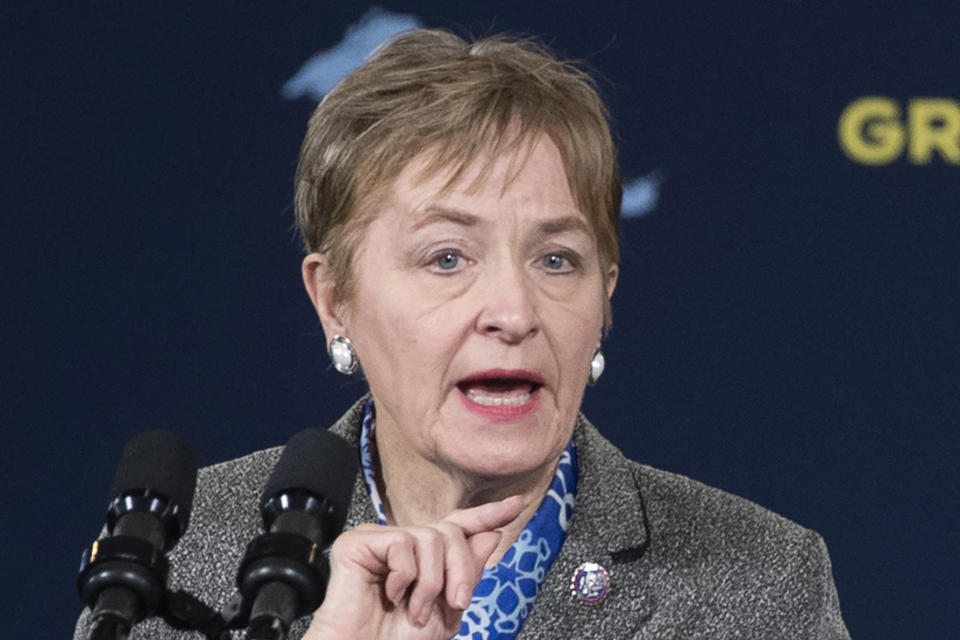 FILE - Rep. Marcy Kaptur, D-Ohio, speaks during an event Feb. 17, 2022, in Lorain, Ohio. Kaptur is seeking to retain her seat in Ohio's 9th congressional district. (AP Photo/Ken Blaze, File)