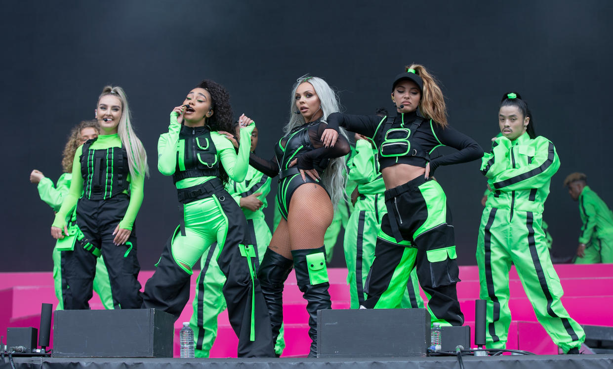 MIDDLESBROUGH, ENGLAND - MAY 26: (L-R) Perrie Edwards, Leigh Anne Pinnock, Jesy Nelson and Jade Thirlwall of Little Mix perform at the Radio 1 Big Weekend at Stewart Park on May 26, 2019 in Middlesbrough, England. (Photo by Jo Hale/Redferns)