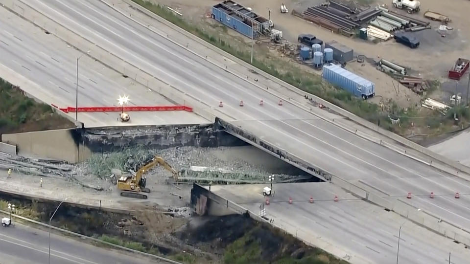 This screen grab from video provided by WPVI-TV/6ABC shows the collapsed section of I-95 as crews continue to work on the scene in Philadelphia, Monday, June 12, 2023. (WPVI-TV/6ABC via AP)