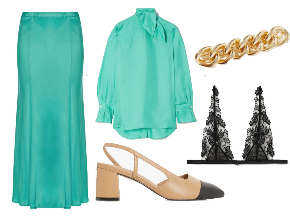 Ghost satin skirt: £79, Victoria Beckham blouse: £375, Dune court shoes: £90, Rosantica clip: £150, La Perla bra: £260.