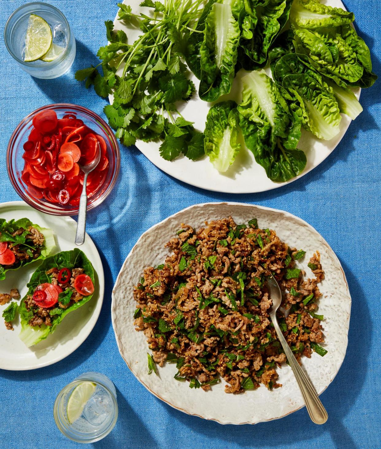 <span>Georgina Hayden’s pork larb with lime radishes.</span><span>Photograph: Louise Hagger/The Guardian. Food styling: Emily Kydd. Prop styling: Jennifer Kay. Food styling assistant: Eden Owen-Jones.</span>