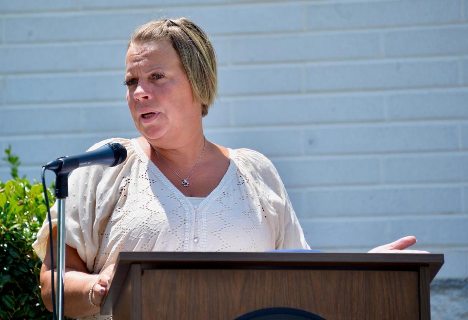 Jennifer Custer, 50, of Hagerstown, shares her story of drug addiction and recovery at the Washington County Day Reporting Center's first ever graduation ceremony on Friday, July 14, 2023.