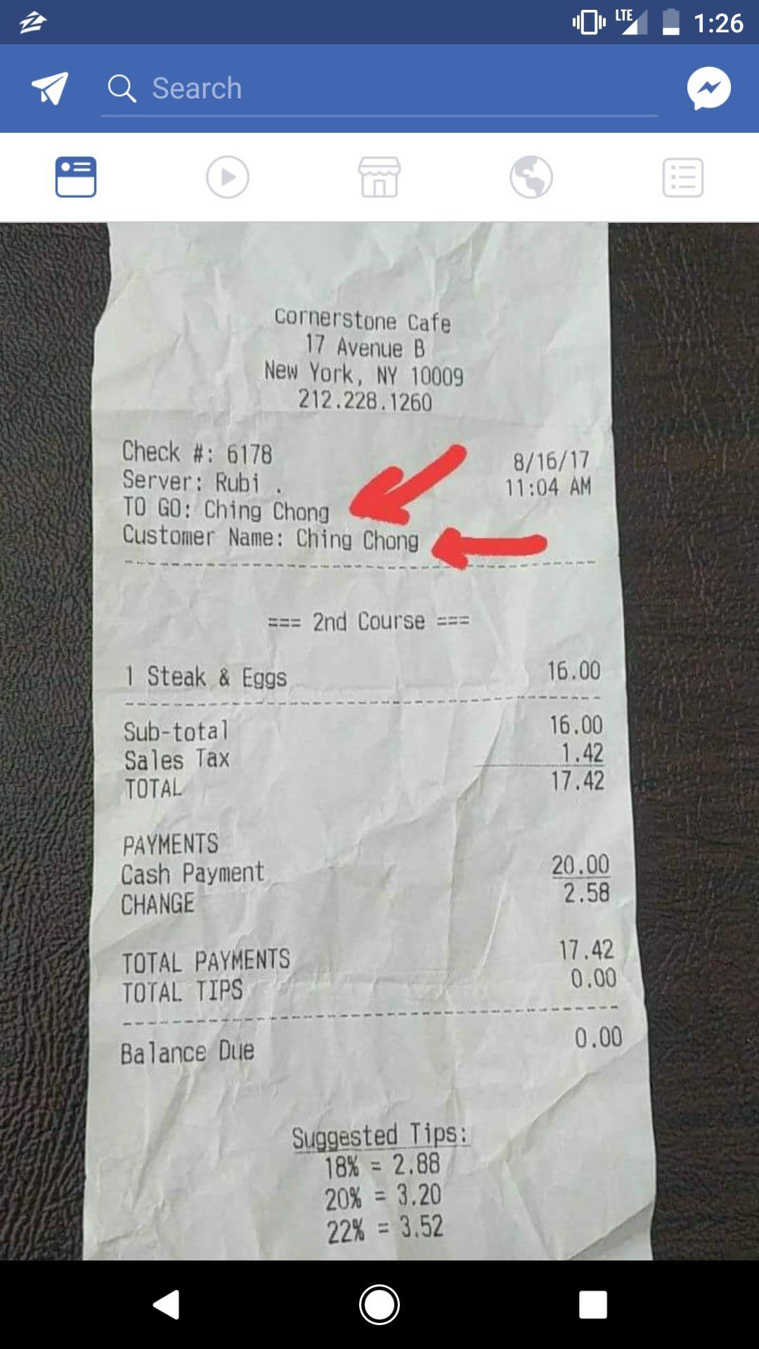 The restaurant receipt was posted on Facebook after the customer showed it to her daughter. (Photo: Facebook)