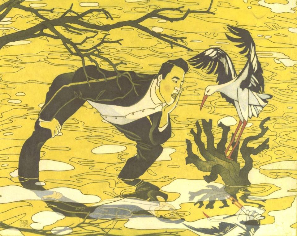 Hile's work "The Stork and His Man" is shown.