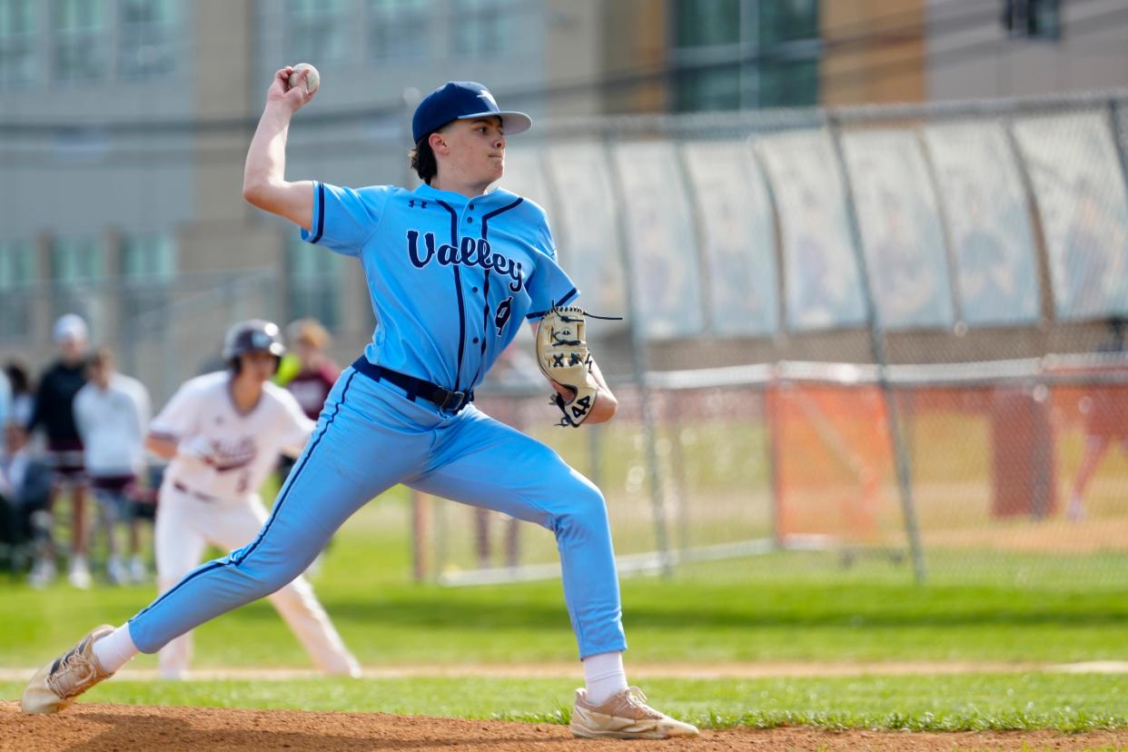 Nick Erminio, of Wayne Valley, gets ready to deliver a pitch against a Wayne Hills batter (not shown), Tuesday, April 23, 2024.