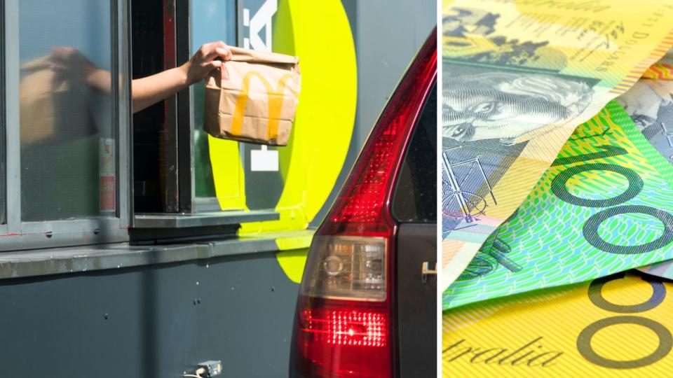 Person holding McDonald's bag a drive-thru and money