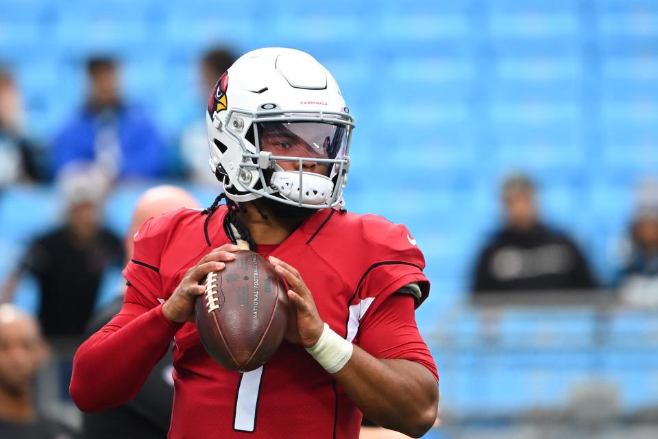 Oct 2, 2022; Charlotte, North Carolina, USA; Arizona Cardinals quarterback Kyler Murray (1) warms up before the game at Bank of America Stadium.