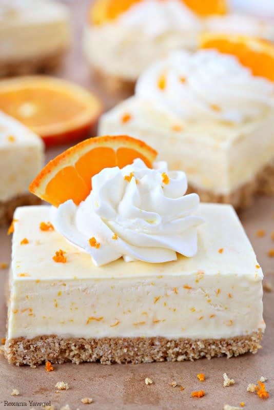 <p>A Treats Affair</p><p>Summer in a bite, these bars are packed with orange flavor from freshly squeezed orange juice and grated orange rind, not flavored jello mix.</p><p><strong>Get the recipe: <a href="http://atreatsaffair.com/orange-dreamsicle-pie-bars-recipe/" rel="nofollow noopener" target="_blank" data-ylk="slk:Orange Dreamsicle Pie Bars;elm:context_link;itc:0;sec:content-canvas" class="link ">Orange Dreamsicle Pie Bars</a></strong></p>