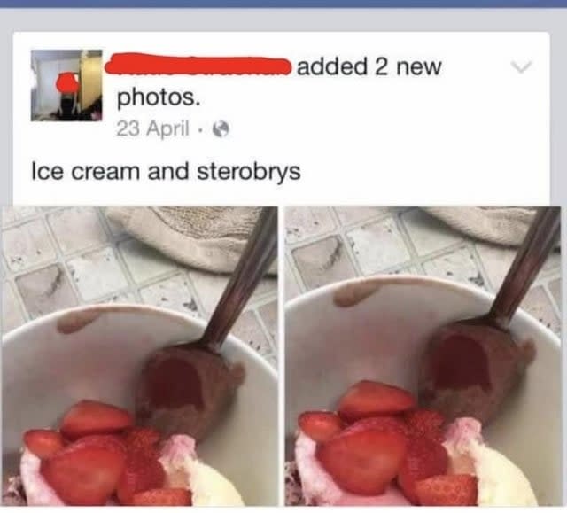 Image showing two bowls of ice cream with strawberries, with a humorous misspelling "sterobrys" in the caption