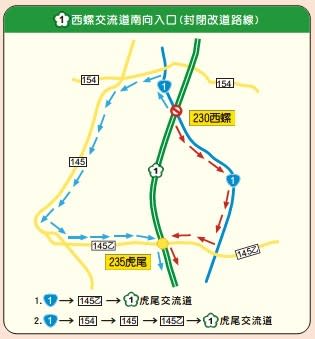 西螺南入匝道封閉替代道路圖 (112/12/30~31每日5-12時封閉)。高公局提供