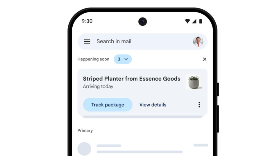 Screenshot of a phone running the Gmail app, with the Happening Soon card at the top of the inbox showing a striped planter that arrives today.