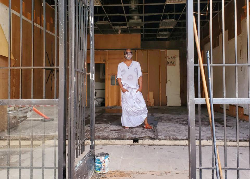 Zahalea Anderson stands in what remains of her self-defense studio in Long Beach. (Courtesy of Zahalea Anderson)