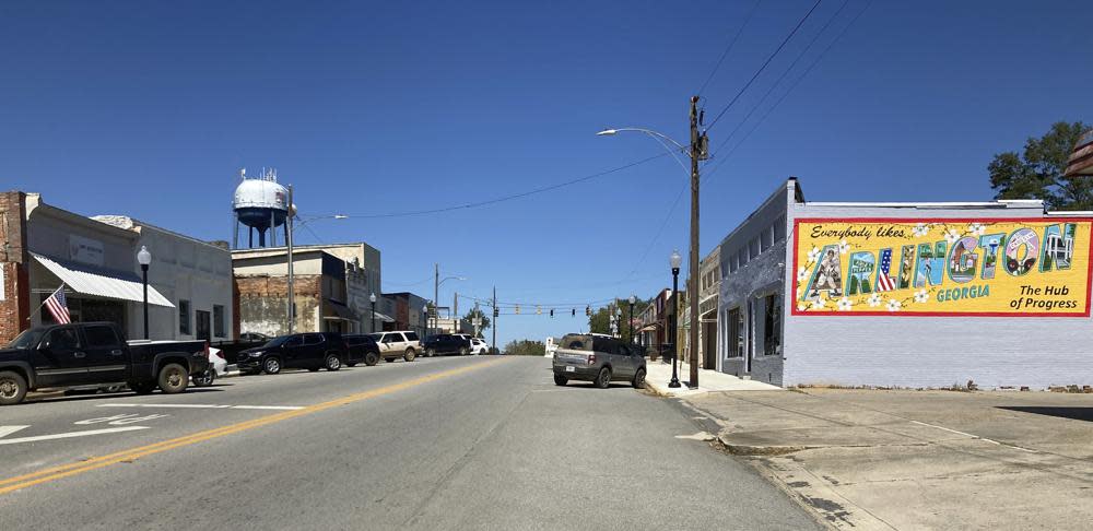 Downtown Arlington, Ga., is shown on Thursday, Oct. 6, 2022. Calhoun Memorial Hospital closed in the town nine years ago reducing medical services in southwest Georgia’s Calhoun County (AP Photo/Jeff Amy)