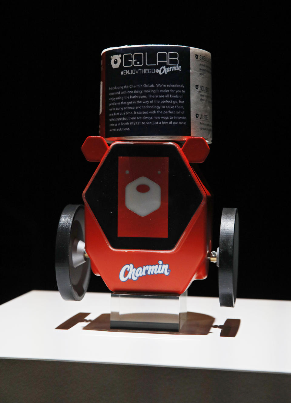 The Charmin RollBot is on display during a Procter & Gamble news conference before CES International, Sunday, Jan. 5, 2020, in Las Vegas. (AP Photo/John Locher)