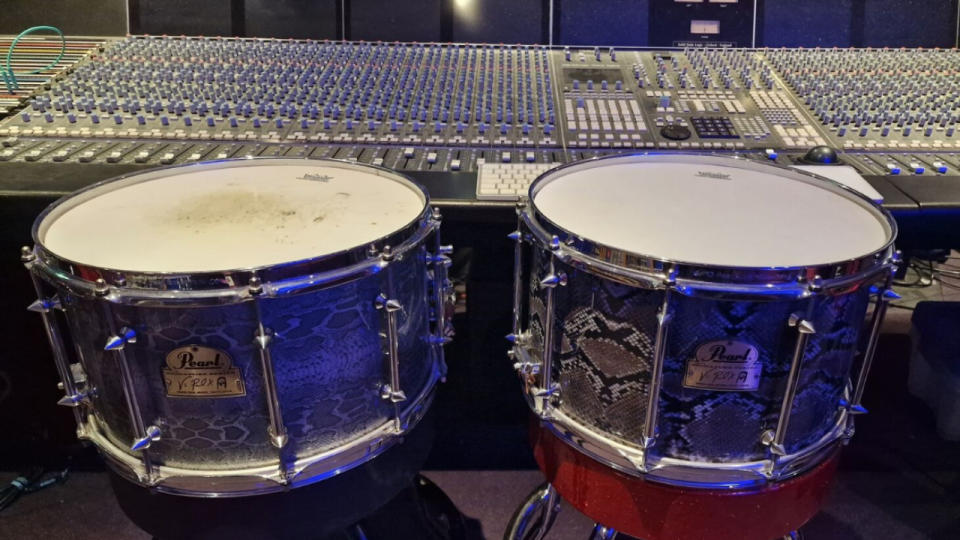 Two Pearl Vinnie Paul signature snare drum prototypes