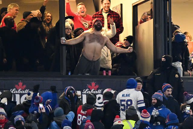 <p>Kathryn Riley/Getty</p> Jason Kelce celebrates after the Kansas City Chiefs score a touchdown during the first half of the AFC Divisional Playoff game against the Buffalo Bills at Highmark Stadium on January 21, 2024.