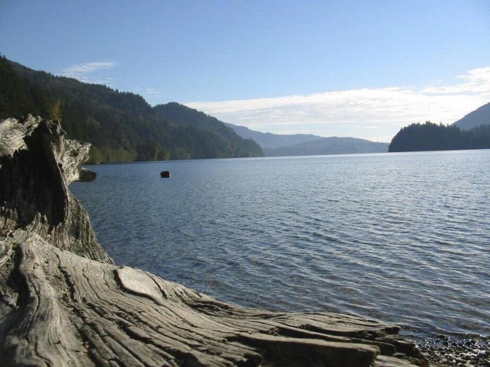 The North Lake Whatcom Trail, also known as the Hertz Trail, hugs the shore of Lake Whatcom. Several waterfalls are visible along the three-mile route.