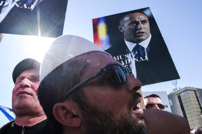 Albanian Kosovars protest on March 4, 2017 in Pristina, in support of ex-premier and wartime guerrilla commander Ramush Haradinaj, who is awaiting a French court's decision on Serbia's request for his extradition