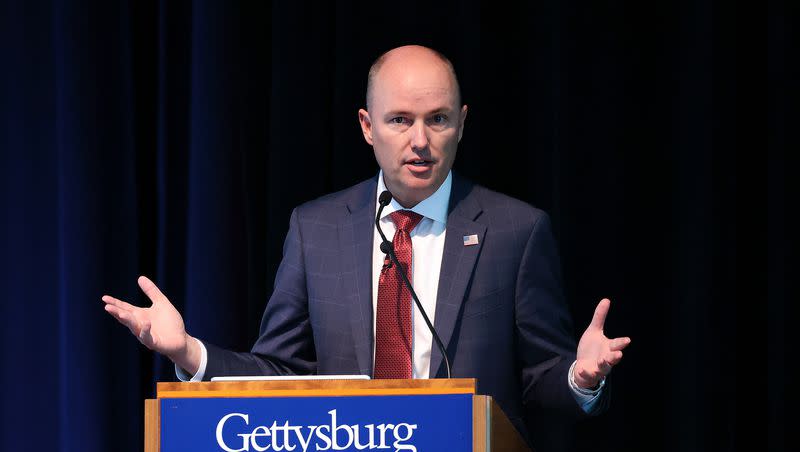 Gov. Spencer Cox speaks at the Braver Angels National Convention at Gettysburg College in Gettysburg, Pa., on July 8, 2023.