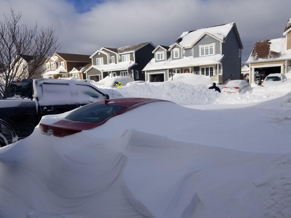 Snow covers cars in Paradise, Newfoundland, Canada January 18, 2020, in this image obtained from social media. Kim Porter/via REUTERS