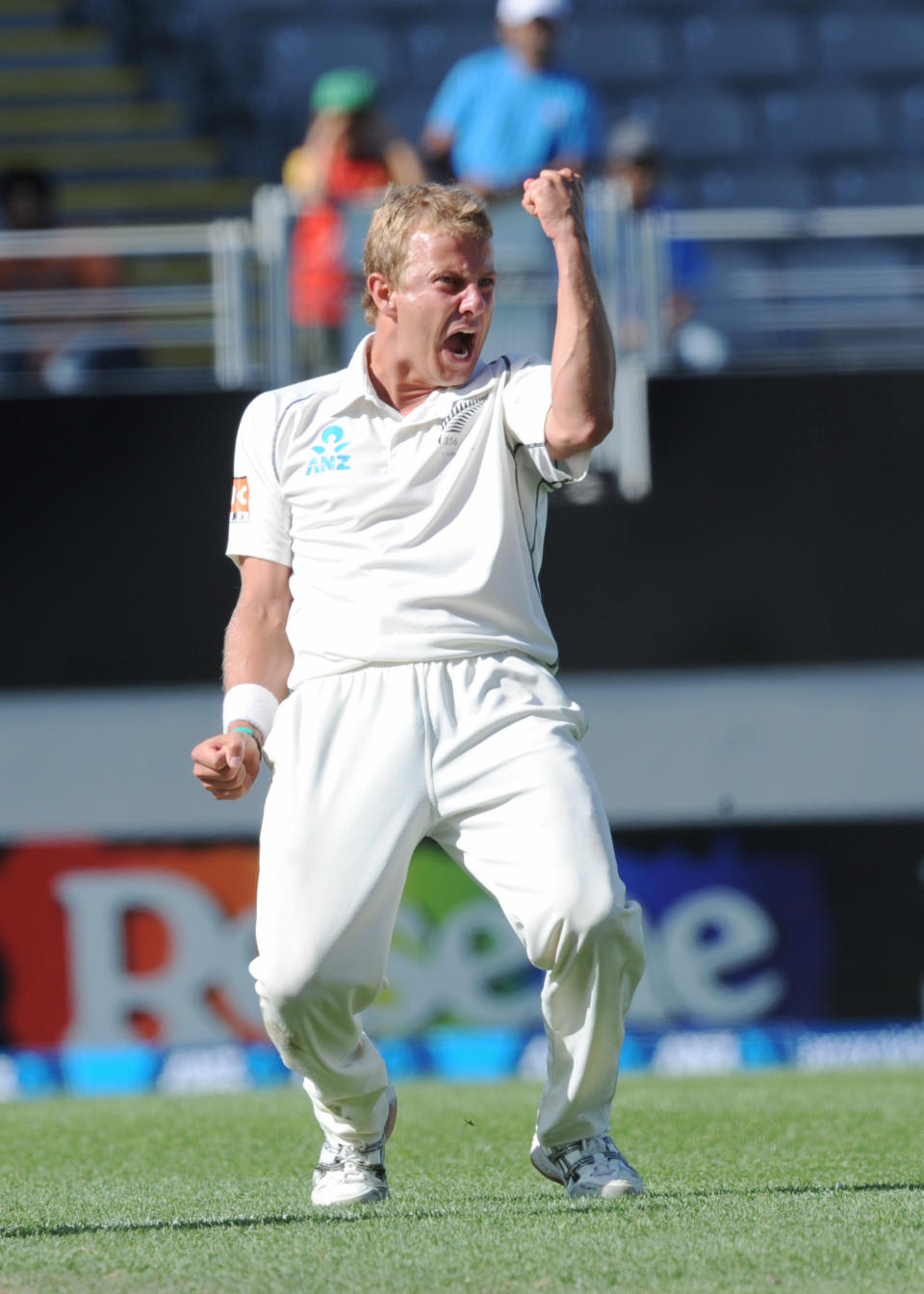 New Zealand’s Neil Wagner celebrates the dismissal off his bowling of India’s Zaheer Khan for 26 on the fourth day of the first cricket test at Eden Park in Auckland, New Zealand, Sunday, Feb. 9, 2014. (AP Photo/SNPA, Ross Setford) NEW ZEALAND OUT