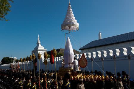 Officials take part during a funeral rehearsal for late Thailand's King Bhumibol Adulyadej near the Grand Palace in Bangkok Thailand October 21, 2017. REUTERS/Kerek Wongsa