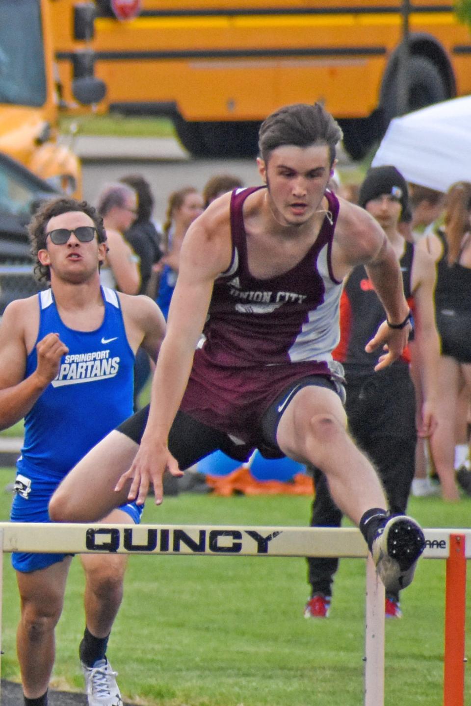 Union City's Nathaniel Maurer took home the conference championship in the 300 hurdles Wednesday