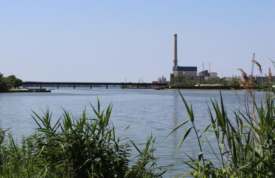 The Lower Fox River looking south from near the Fox River Trail in Allouez. The Georgia-Pacific Broadway mill was one of several paper mills that released PCBs into the river in wastewater from recycling carbonless copy paper in the 1960s and 1970s.