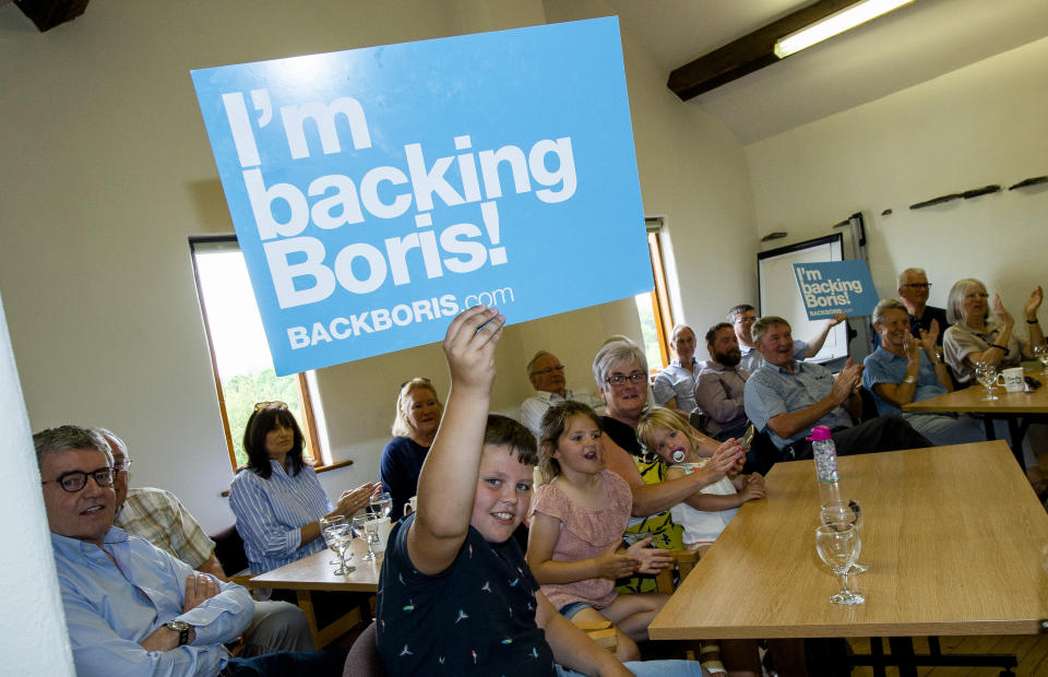 Supporters during Conservative party leadership contender Boris Johnson's leadership hustings in Crooklands in Cumbria.