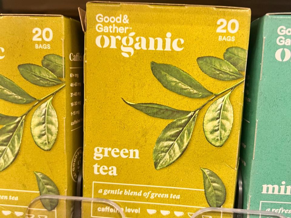 boxes of organic green tea on the shelves at a target