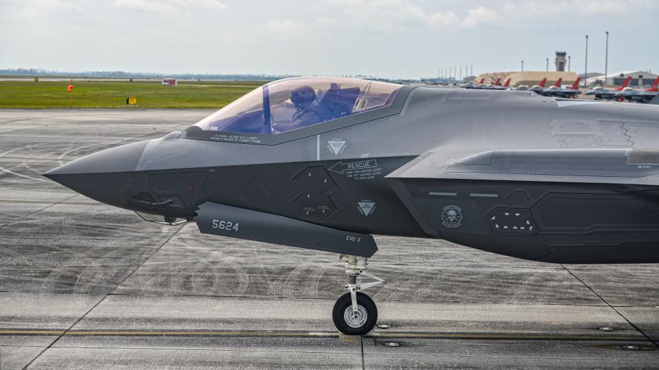 An F-35A pilot at the end of the runway about to launch for the morning Combat Archer mission. <em>Jamie Hunter</em>