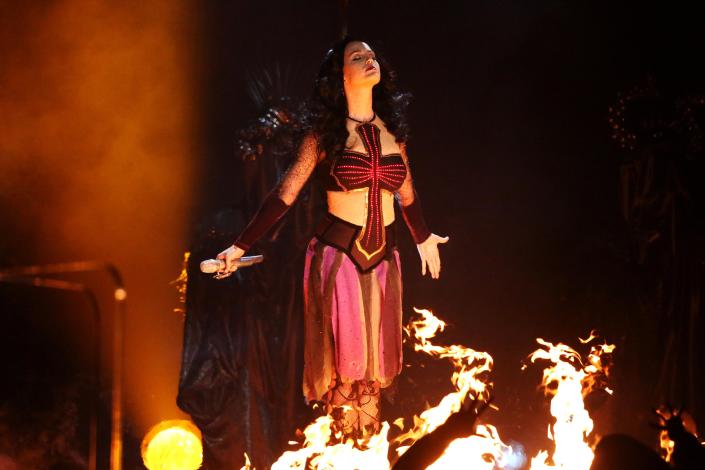 Katy Perry performs "Dark Horse" at the 56th annual Grammy Awards at Staples Center on Sunday, Jan. 26, 2014, in Los Angeles. (Photo by Matt Sayles/Invision/AP)