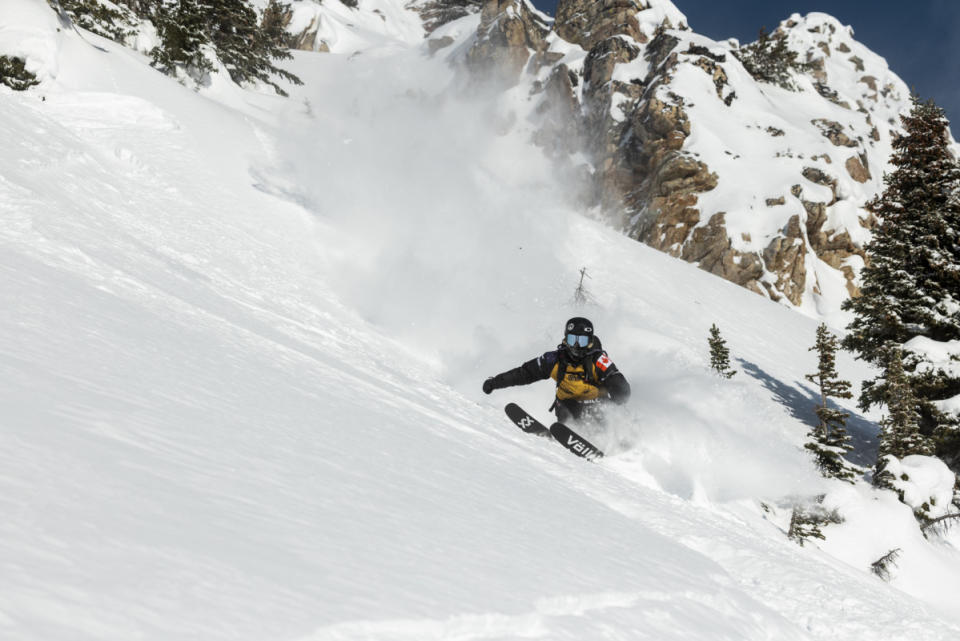 Freeride World Tour rider Finn Bilous makes a tasty turn mid-line.<p>© Freeride World Tour / Jeremy Bernard</p>