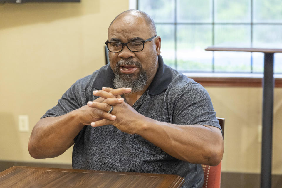 School teacher and coach Lonnie Watson talks about the history and race relations in Idabel, Okla. and McCurtain County on Thursday, April 20, 2023, in Idabel, Okla. The growing optimism of McCurtain County's tourism boom over the last two decades took a gut punch last week when the local newspaper identified several county officials, including the sheriff and a county commissioner, who were caught on tape discussing killing journalists and lynching Black people. (AP Photo/Alonzo Adams)