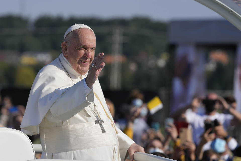 Pope Francis arrives in the esplanade of the National Shrine in Sastin, Slovakia, Wednesday, Sept. 15, 2021. Pope Francis is to hold an open air mass in Sastin, the site of an annual pilgrimage each September 15 to venerate Slovakia's patron, Our Lady of Sorrows. (AP Photo/Petr David Josek)