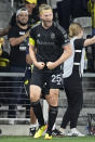 Nashville SC defender Walker Zimmerman (25) celebrates his goal against CF Montréal during the first half of an MLS playoff soccer match Saturday, May 4, 2024, in Nashville, Tenn. (AP Photo/George Walker IV)