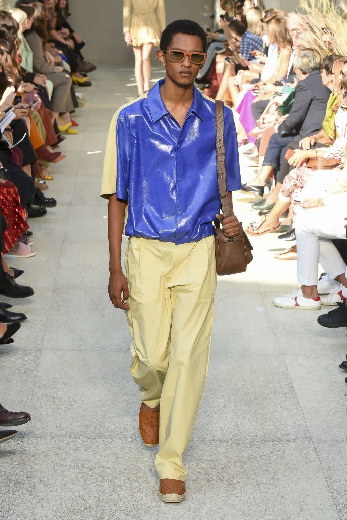 A men’s look in leather and an espadrille with an ostrich upper at Ferragamo spring ’20. - Credit: Shutterstock