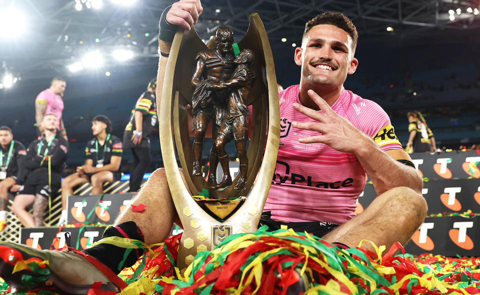 Nathan Cleary with the NRL premiership trophy.