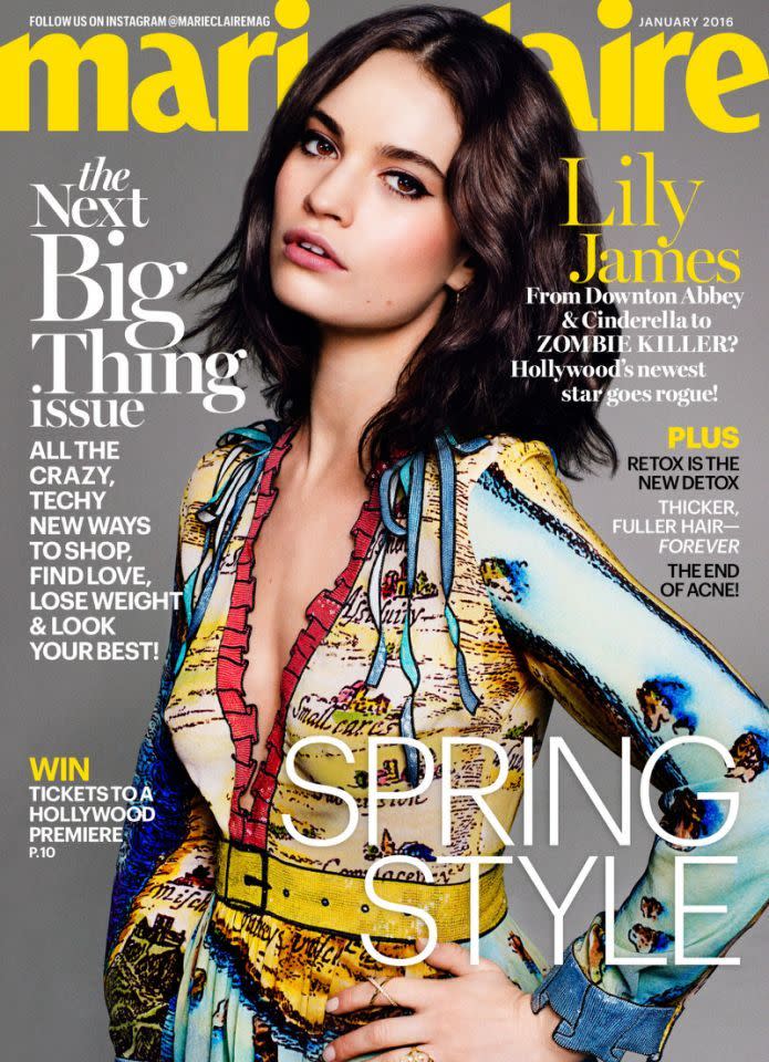 Lily James auf dem Cover der US-amerikanischen Marie Claire vom Januar 2016. Sie trägt Gucci Look 4 der Frühjahrskollektion 2016.