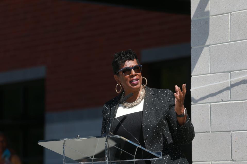Superintendant Ann Levett speaks Friday during the official ribbon cutting ceremony at Jenkins High School.