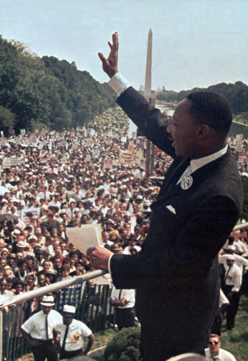 FILE - In this Aug. 28, 1963 file photo, The Rev. Martin Luther King Jr. waves to the crowd at the Lincoln Memorial for his "I Have a Dream" speech during the March on Washington for Jobs and Freedom in Washington. (AP Photo, File)