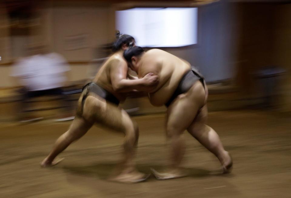 Sumo wrestlers train at the Musashigawa Sumo Stable at Beppu, western Japan on Friday, Oct. 18, 2019. Sumo wrestling is a traditional Japanese sport.