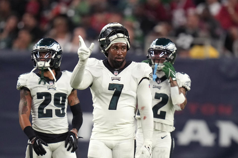 Philadelphia Eagles linebacker Haason Reddick (7) reacts in the second half of an NFL football game against the Houston Texans in Houston, Thursday, Nov. 3, 2022. The Eagles won 29-17. (AP Photo/Eric Christian Smith)