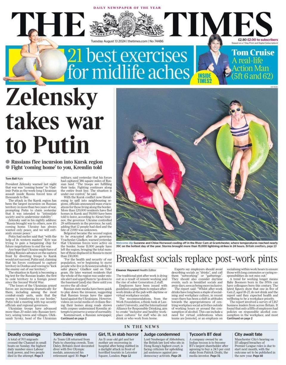 The Times headline reads: Zelensky takes war to Putin